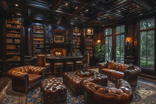Masculine den with leather furniture dark wood