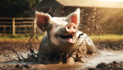 A whimsical close-up of a pig playfully rolling in the mud, with splashes frozen in time around its delighted face.