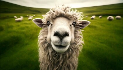 A close-up of a sheep with a humorous expression, its wooly texture in sharp contrast to a soft, blurred green pasture background. - obrazy, fototapety, plakaty