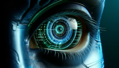 A close-up of a cybernetic eye with neon reflections showing lines of code and data processing in real-time.