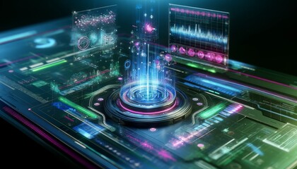 The interface of a futuristic device, with intricate neon circuitry and hovering displays showing complex data.