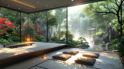 Zen meditation room with tatami mats a low table