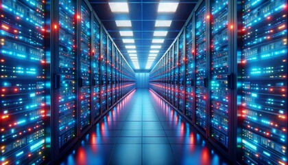 A server room with racks filled with computer servers with blue and red LED lights flickering, representing active data transmission and processing. - obrazy, fototapety, plakaty