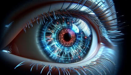 A digital eye with binary code reflected on the retina, symbolizing artificial intelligence and...