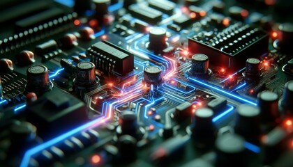 A close-up of a circuit board with a glowing path of electric current, highlighting the intricate connections and patterns, with a focus on the techno.