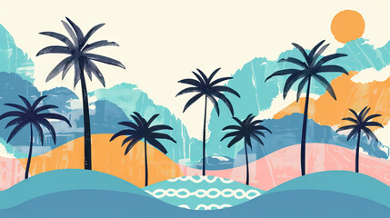 colorful Landscape of the tropical shore, palm tree, sun, waves on white background. Design of social media, banner, poster, newsletter, advertisement, leaflet, placard, brochure, wallpaper, t-shirt, 