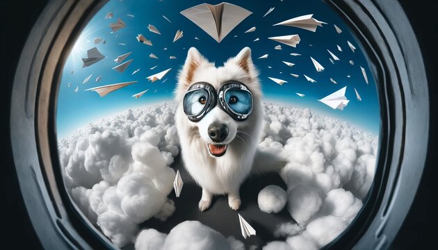 A detailed image of a white Swiss Shepherd dog wearing pilot goggles, surrounded by a clear blue sky and floating paper airplanes.