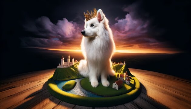A detailed and focused image of a white Swiss Shepherd dog with a regal, fluffy coat wearing a majestic crown, sitting on a small grassy knoll.
