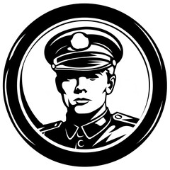 A black and white style logo of a soldier within a circle - obrazy, fototapety, plakaty
