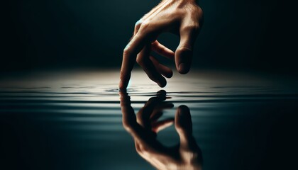 A detailed image of a person's hand reaching towards water, about to touch the reflection on the surface. - Powered by Adobe
