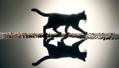 A detailed image of a cat's shadow walking along the edge of a puddle, with its reflection underneath.