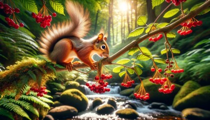 A high-definition image capturing a squirrel reaching for berries on a branch overhanging a woodland stream.