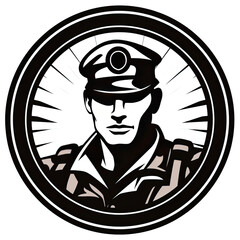 A logo of a soldier looking at the camera in black and white style - obrazy, fototapety, plakaty