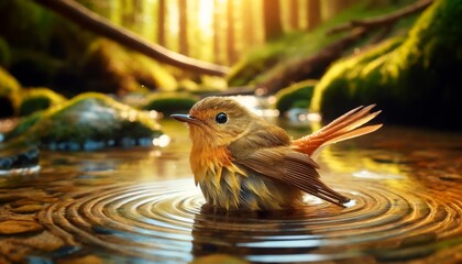 Create a high-resolution, detailed image capturing a bird bathing in the shallow parts of a woodland stream.