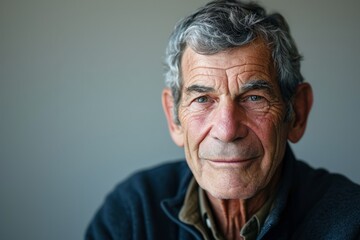 Portrait of a senior man with grey hair and blue eyes.
