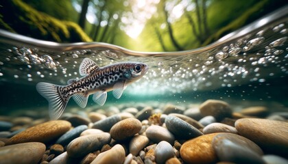 A high-definition image showing a close-up of a small fish swimming beneath the surface of clear water in a woodland stream.