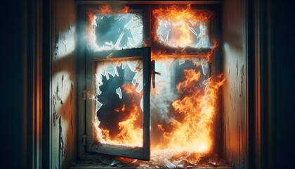 A close-up of a window frame with fire raging through the broken glass, providing a view into the chaos of a blaze. - obrazy, fototapety, plakaty