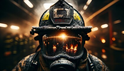 A close-up of a fireman's helmet, covered in ash and soot, with flames reflected in the visor. - obrazy, fototapety, plakaty