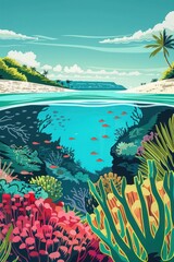 Fototapeta na wymiar Underwater scene of a tropical coral reef rendered in graphic design gouache. 
