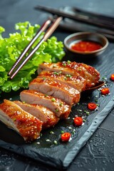 pork on a black rectangular slate plate paired with lettuce. elegant atmosphere that evokes a sense of refinement and a high-end dining experience, illustration made with Generative AI