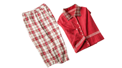 
Pajamas set on white background, women's plaid pajama pants and a red shirt