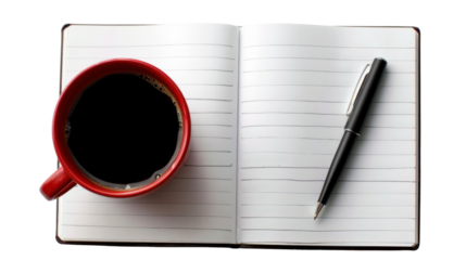 
Notebook with pen and cup of coffee on white background, top view.