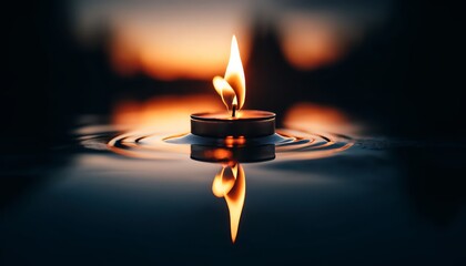 A single flickering flame reflecting over a calm pond at twilight, with details of the ripples on water surface and the warm light of the flame.