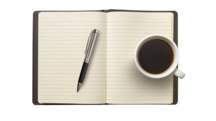 
Notebook with pen and cup of coffee on white background, top view.