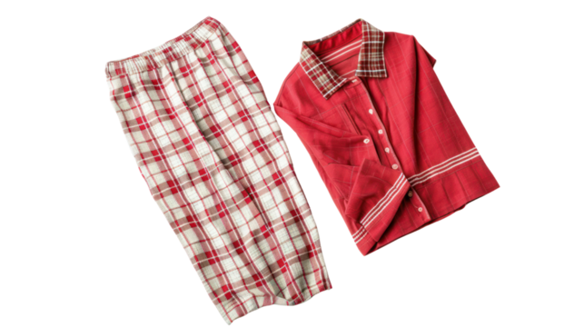 
Pajamas set on white background, women's plaid pajama pants and a red shirt