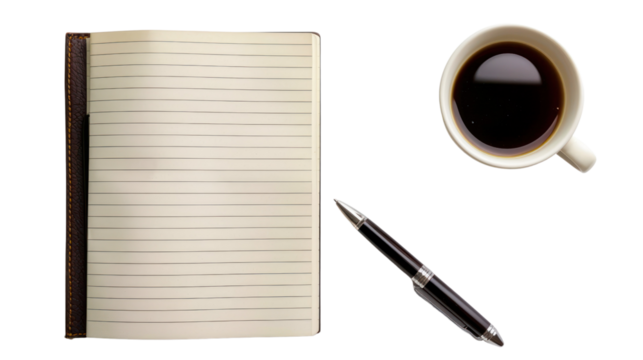 
Notebook with pen and cup of coffee on white background, top view.