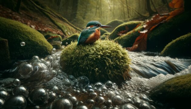 Generate a detailed and photorealistic image of a kingfisher perched on a moss-covered rock in a bubbling creek.