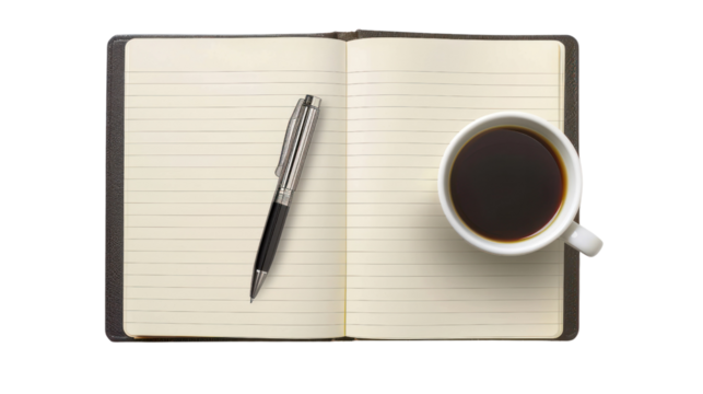 
Notebook with pen and cup of coffee on white background, top view.