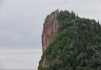 vue sur le sommet d'une montagne en été avec une falaise d'un côté et une forêt de sapin vert de l'autre côté