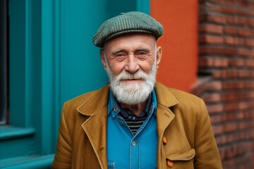 Portrait of an old man with a gray beard in a brown jacket and a beret on the street - obrazy, fototapety, plakaty