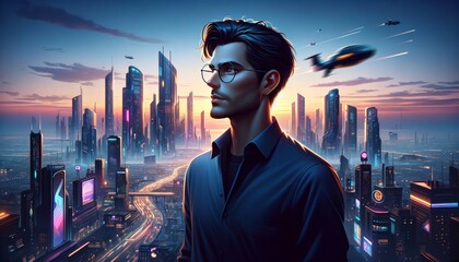 Create an image of a stylized male character with dark hair and glasses, dressed in a casual navy blue shirt, standing in front of a futuristic city. - obrazy, fototapety, plakaty