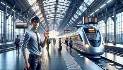Visualize a stylized male character with dark hair and glasses, similar to the previous images, standing in a train station. - obrazy, fototapety, plakaty