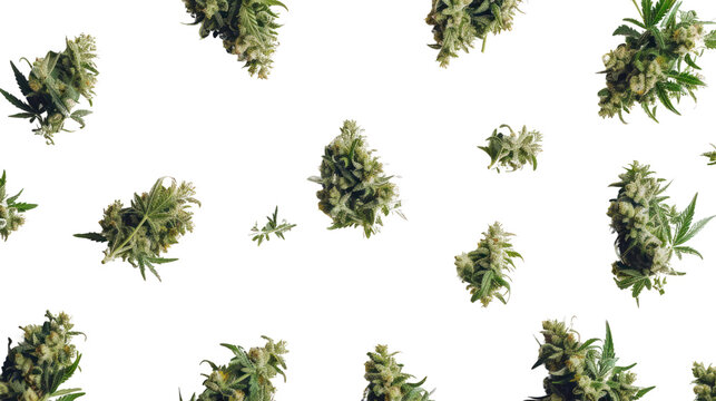 Flat lay of Cannabis flower buds on white background