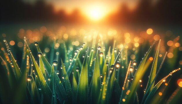 A close-up image of dewdrops clinging to the tips of vibrant green grass at sunrise.
