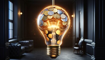 A light bulb where the filament is made of golden coins and the glass resembles transparent banknotes, symbolizing wealth ideas. - obrazy, fototapety, plakaty