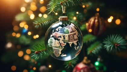 A traditional glass Christmas ornament with a surface that looks like a globe map made entirely out of various currency bills. - obrazy, fototapety, plakaty