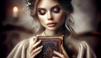 A close-up image of a woman with an ethereal appearance, gently holding a mysterious, ancient book.