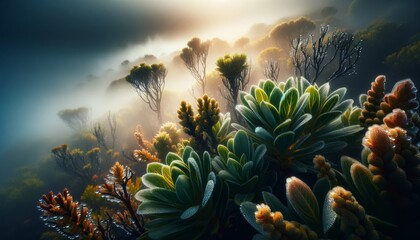 Envision a close-up image of native flora partially enveloped in volcanic fog. - obrazy, fototapety, plakaty