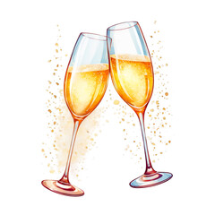 Two glasses of champagne, watercolor illustration, party celebration event, drink, new year holiday, cutout on white background 