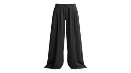 black wide-leg trousers on a stadning modal white background
