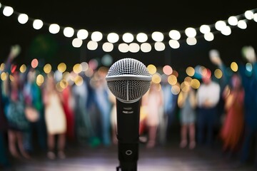 Publish Microphone on stage at outdoor night party, bokeh background photo