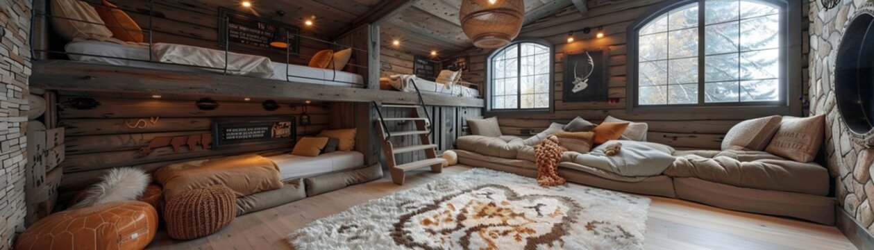 Adventure-themed kids bedroom with a loft bed and imaginative play areassuper detailed