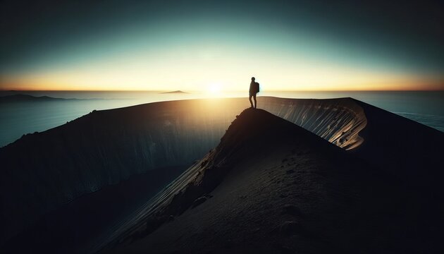 A high-definition image capturing the silhouette of a single hiker standing on the edge of a volcanic crater.