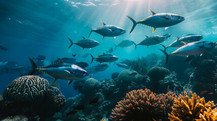 Tropical fish and Hard corals in the ocean.