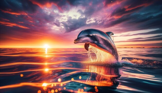 A close-up image of a dolphin gracefully leaping out of the water against the backdrop of a vibrant sunset.