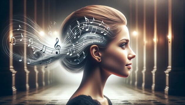 A side profile of a person with hair that consists of musical notes, symbolizing a melody flowing into the air.